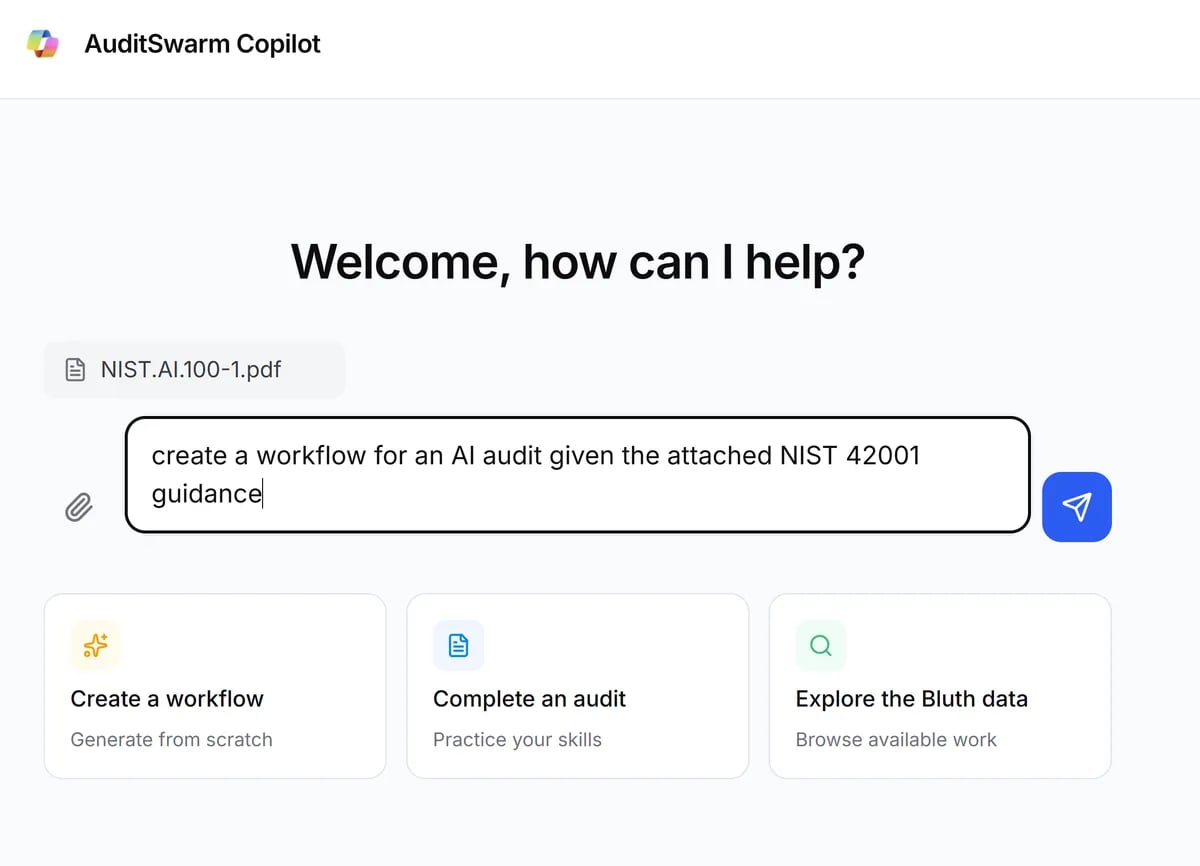 AuditSwarm Copilot generating a workflow from a natural language prompt